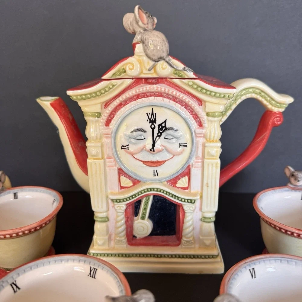 Vintage Department 56 Storybook Hickory Dickory Dock Handpainted Ceramic Tea Set